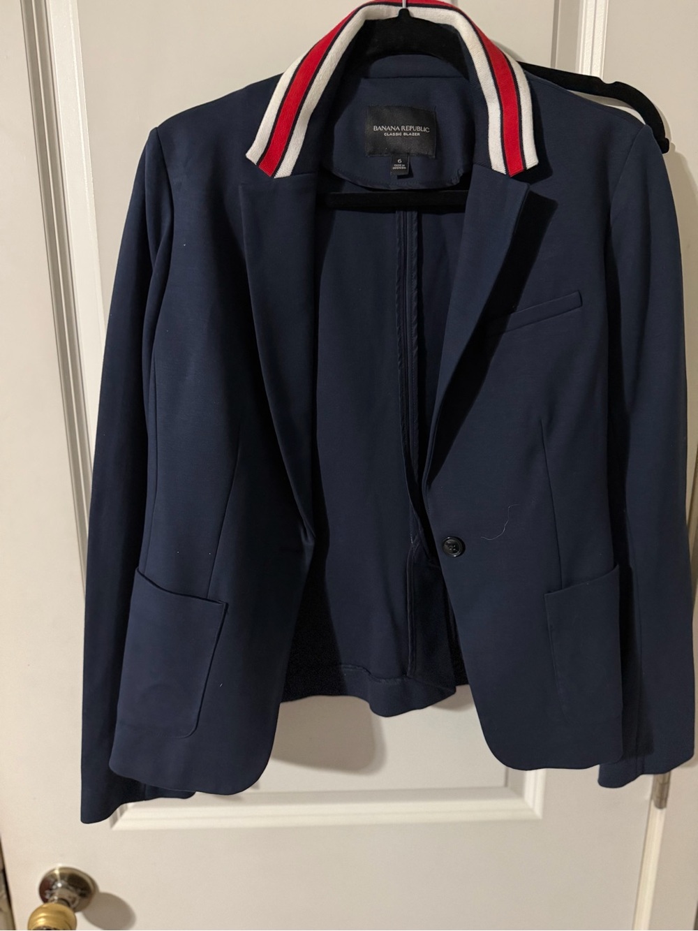 Banana Republic Navy Blazer with Red and White Trim Collar